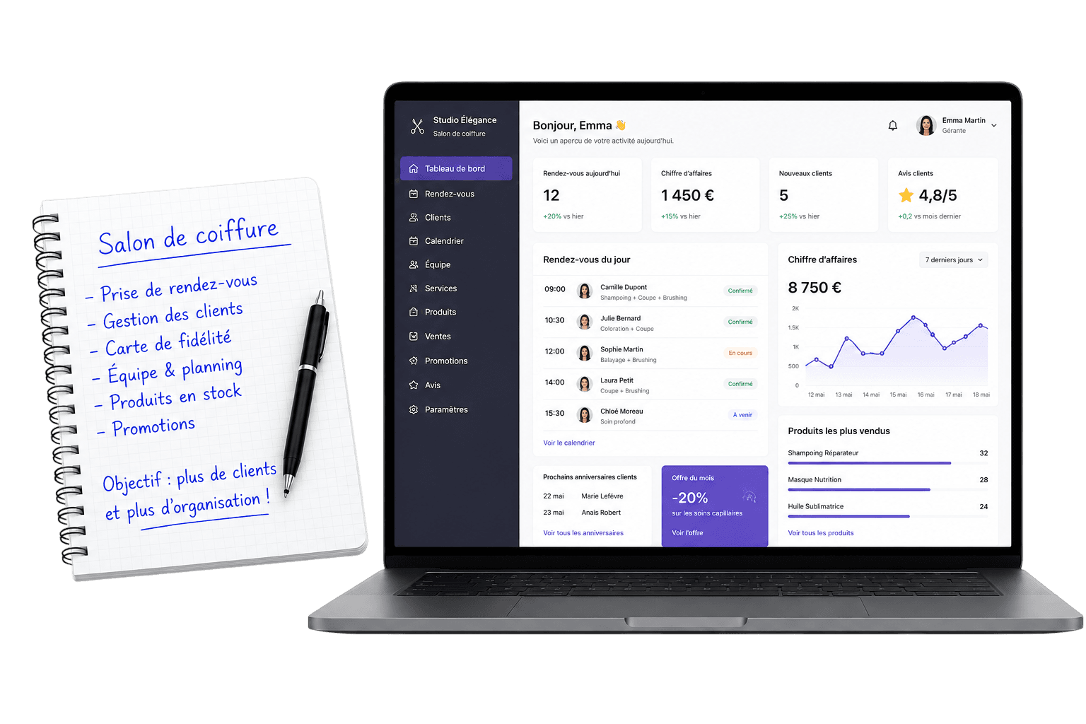 Studio Élégance — du carnet 'Salon de coiffure' au dashboard RDV, ventes, fidélité, équipe