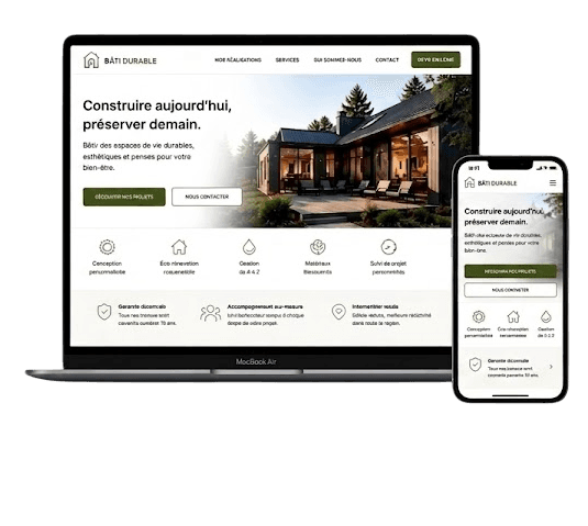 Bâti Durable — site web professionnel APRÈS livré par Nytha IA : design sur-mesure, vue laptop + mobile