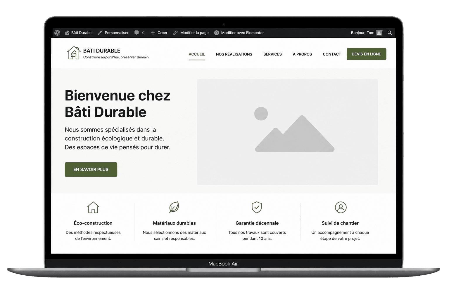 Bâti Durable — site WordPress basique avec template Elementor, placeholders, layout sans direction artistique