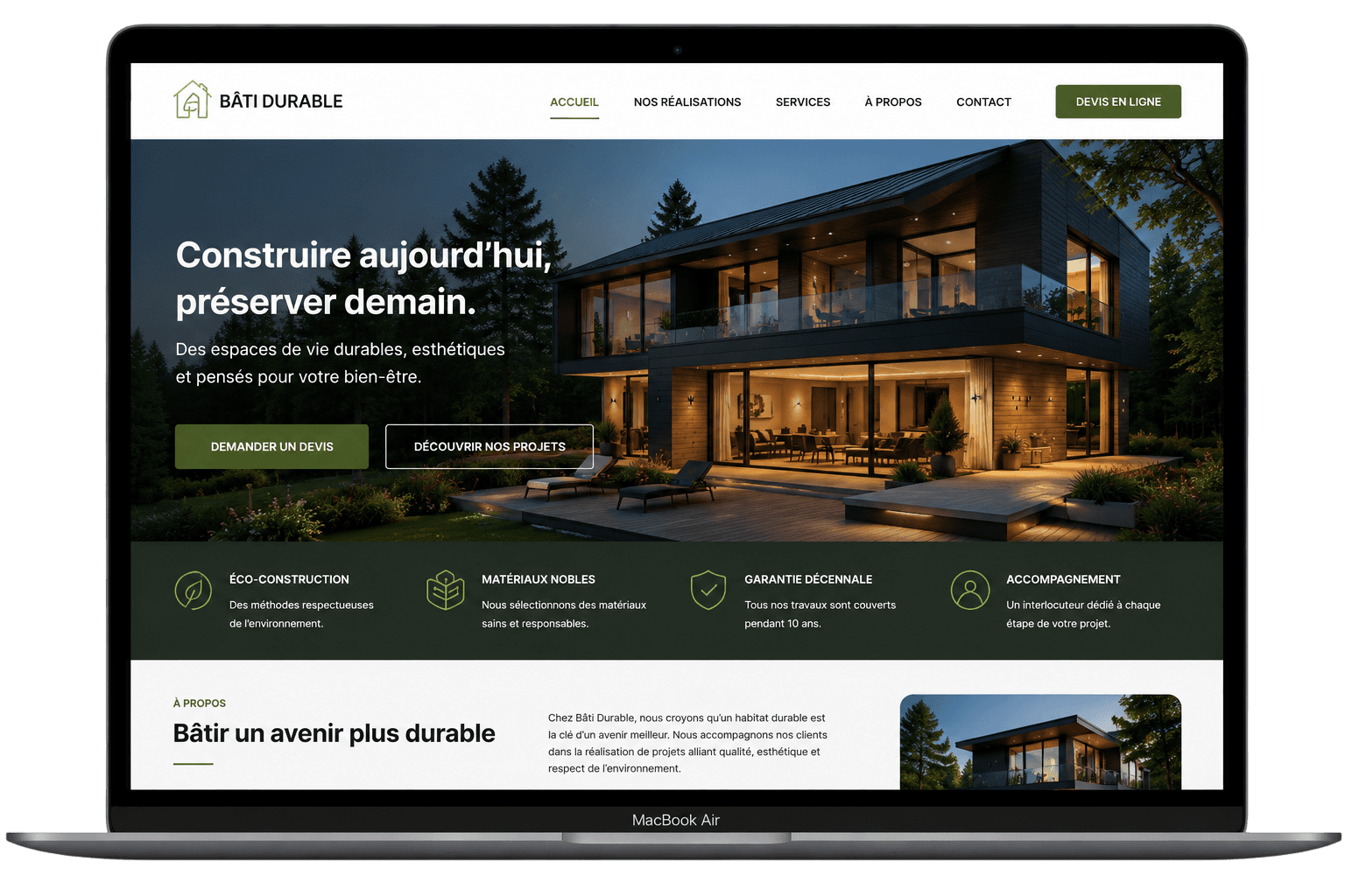 Bâti Durable — refonte Nytha IA : hero photo professionnelle, hiérarchie claire, conversion mesurable, code propriétaire