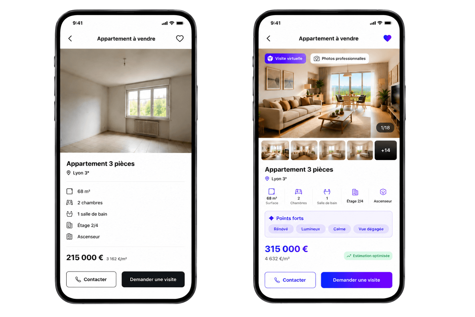 Cas client app immobilier — annonce classique 215 000€ vs annonce optimisée avec visite virtuelle, photos pro et estimation IA à 315 000€