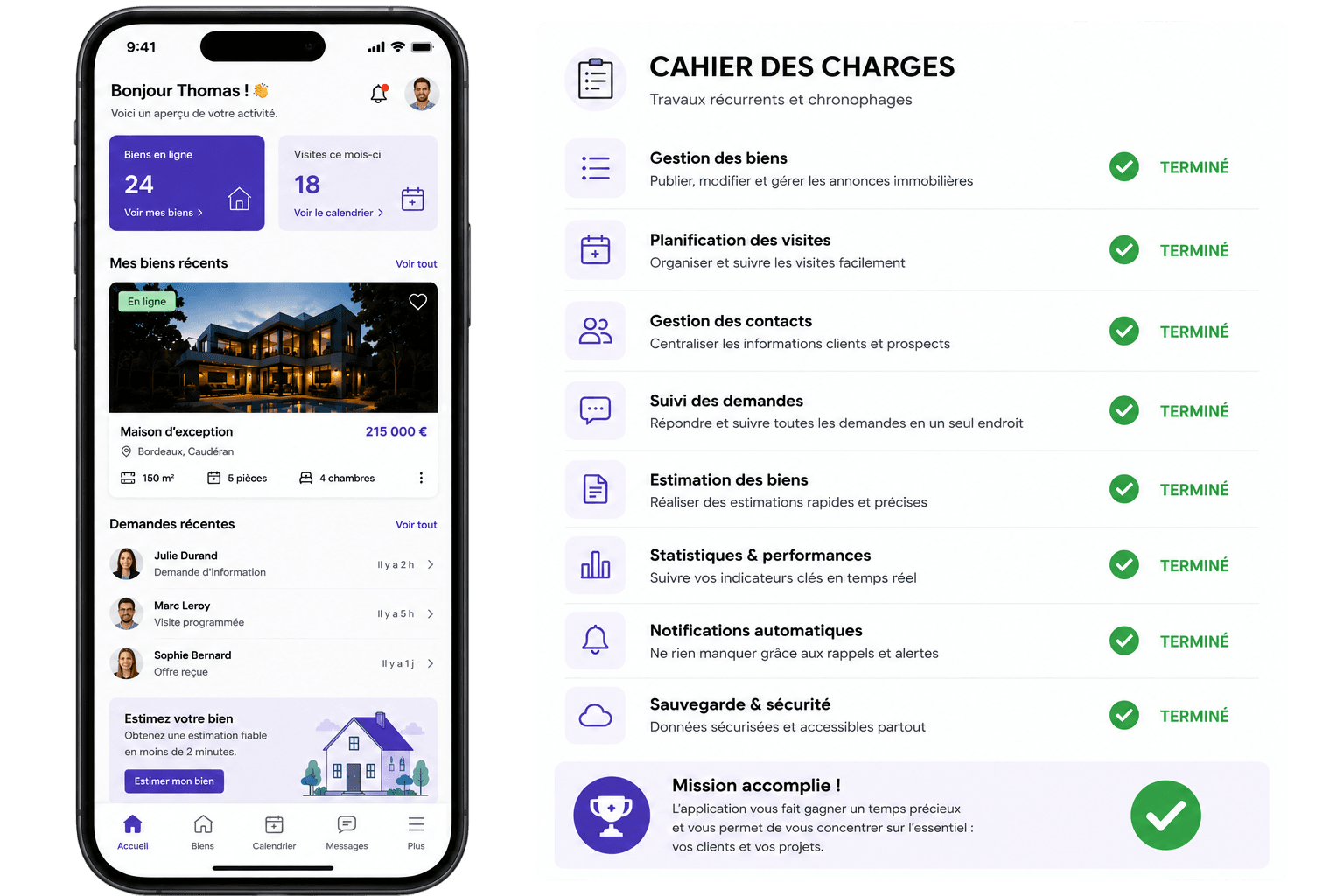 App immobilier livrée clé en main par Nytha IA — phone produit fini + cahier des charges complet, toutes les fonctionnalités terminées